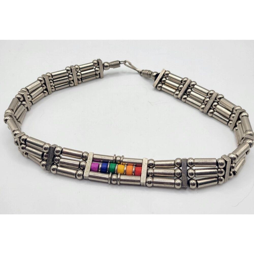 Rare Chunky Stainless Steel Rainbow Collar Choker Necklace Industrial 17in